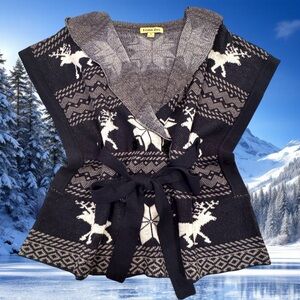 Moose & Snowflakes Fair Isle Sweater Vest Belted Double Breasted Hooded Size S
